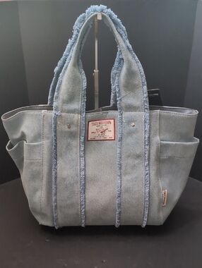 NWT,True Religion ,Frayed Handle Light Blue Denim Tote Bag.
